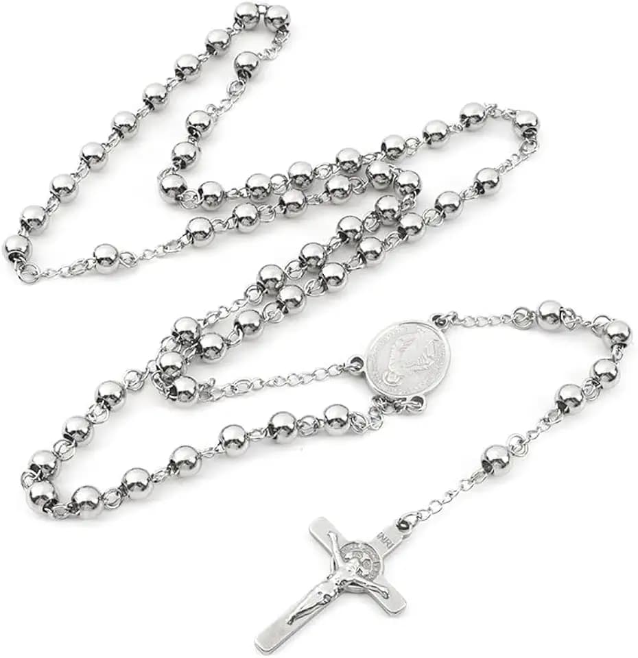 Intercession Stainless Steel Rosary Necklace, Silver-Tone, Virgin Mary Medallion