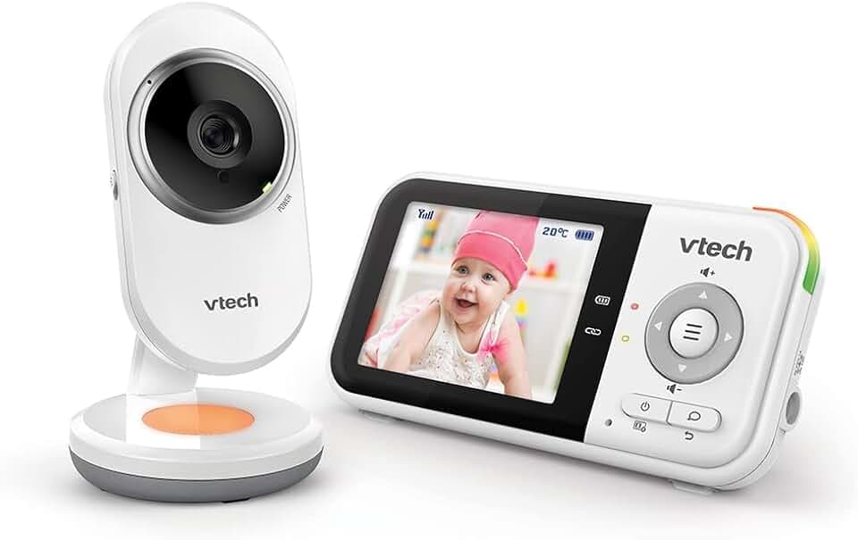VTech BM3254 Babyphone mit Kamera, Langer Reichweite, 2,8-Zoll-LCD-Bildschirm, farbigem Nachtlicht, beruhigendem Ton & Schlafliedern, Zwei-Wege-Kommunikation – DE-Version, Weiß