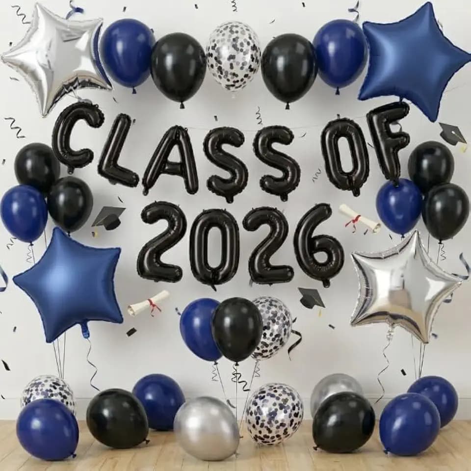 2026 Graduation Balloons Set, Black and Blue Silver Graduation Party Decorations Class of 2026 Balloons with Star Foil Balloon for Preschool High School College Congrats Grad Party Decorations