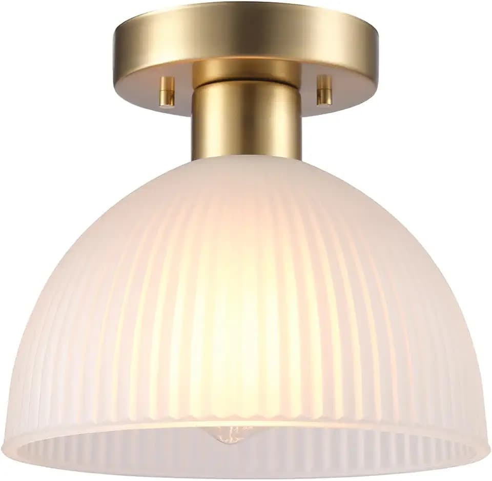 Globe Electric 1-Light Semi-Flush Mount Ceiling Light, Matte Brass Finish, Frosted Ribbed Glass Shade, Dimmable, E26 Base, Modern Glam Design, 66000129
