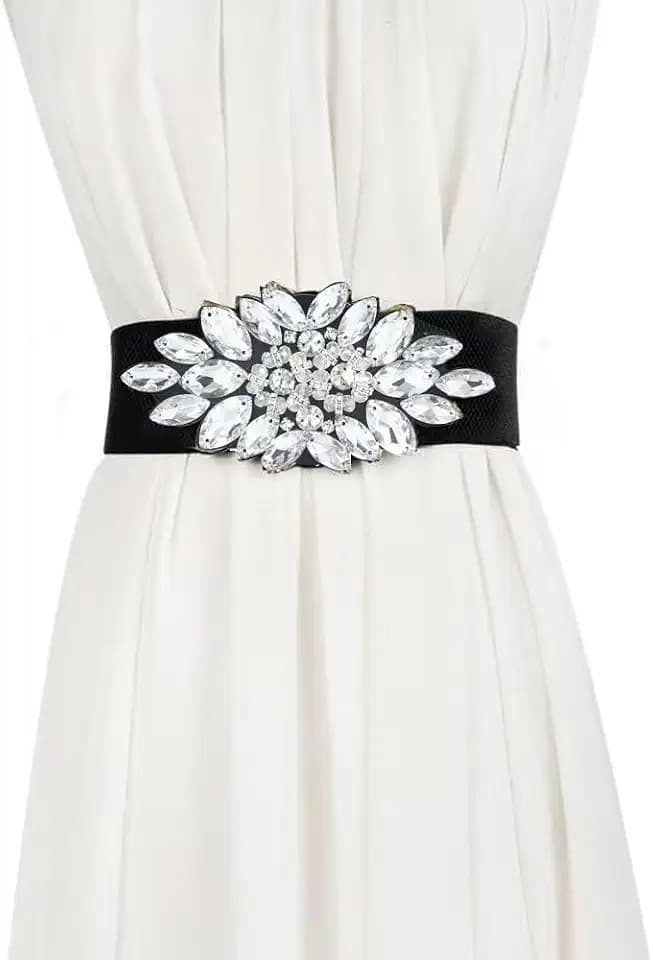 Elastic Rhinestone Belts for Women-Crystal Wide Stretchy Belts for Dress, Cinturones para Mujer, Black