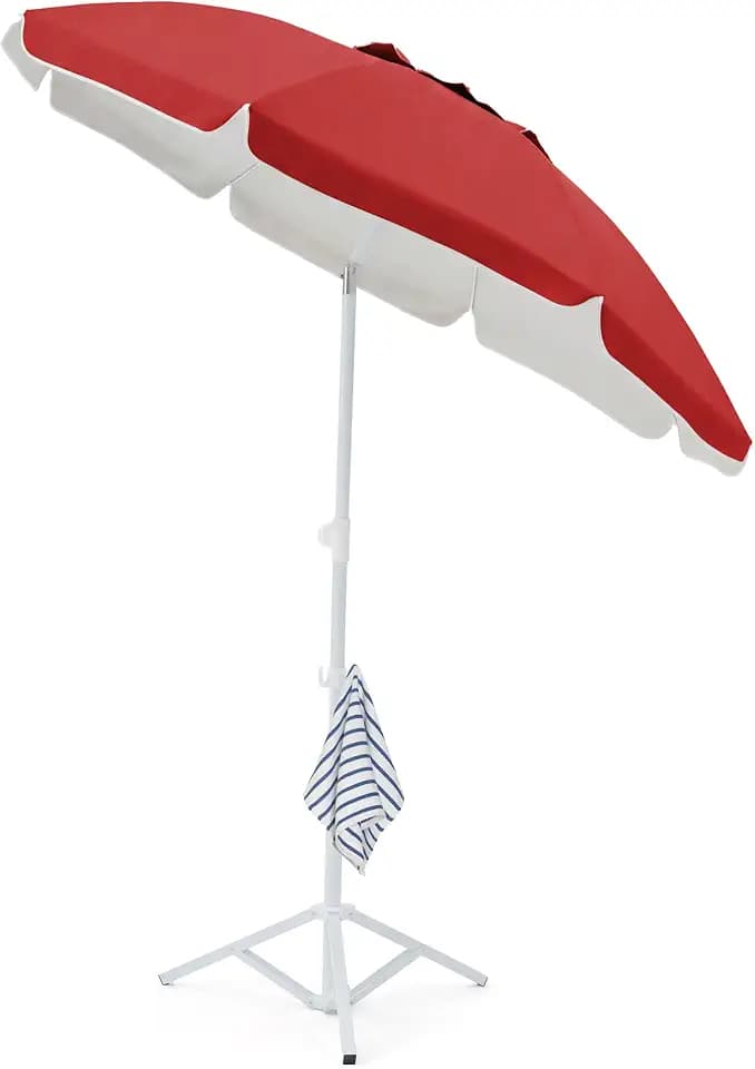 JEAREY 6.5ft Portable Beach Shade Sports Umbrella with Stand, Red