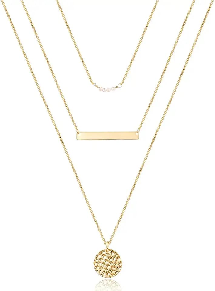 Turandoss Dainty Layered Choker Necklace, Handmade Y Pendant Necklace Multilayer Bar Disc Necklace Adjustable Layering Choker Necklaces for Women