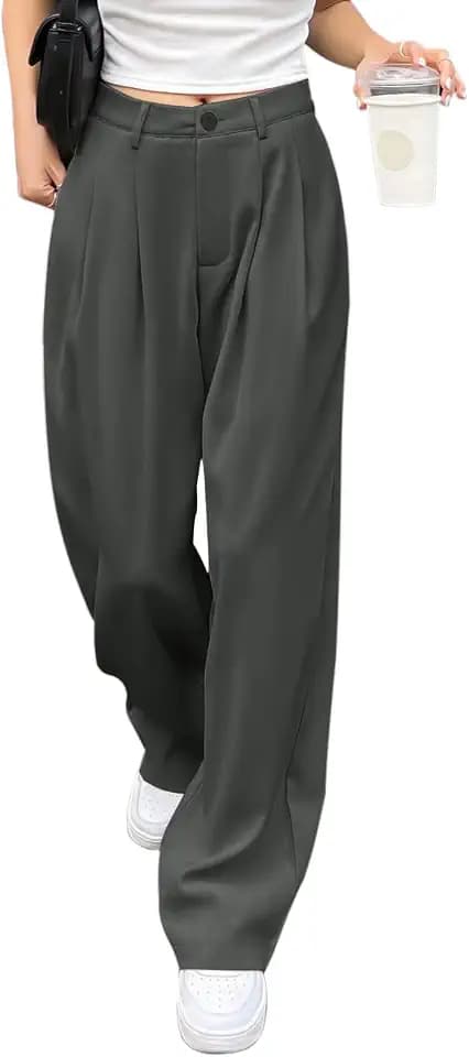 HMIYA Weite Hosen Damen-Lässig Locker Gerade Beinform Hohe Taille Stoffhose mit Tasche
