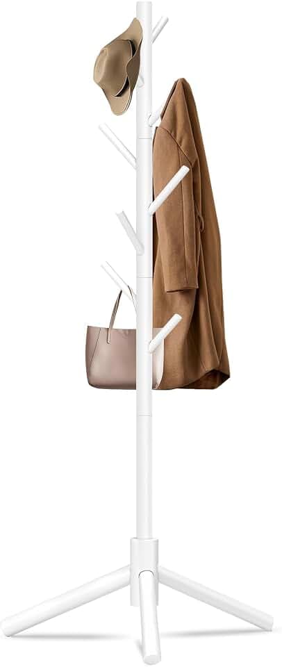 Unisakey 8-Hook Freestanding Wooden Coat Rack 3 Adjustable Heights White