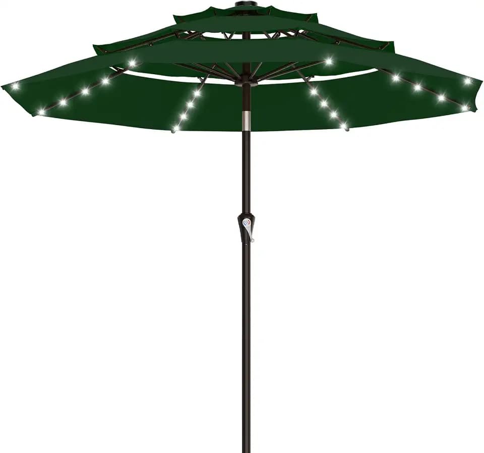 AreShark 9ft 3 Tiers Patio Umbrella with Solar Lights, Dark Green