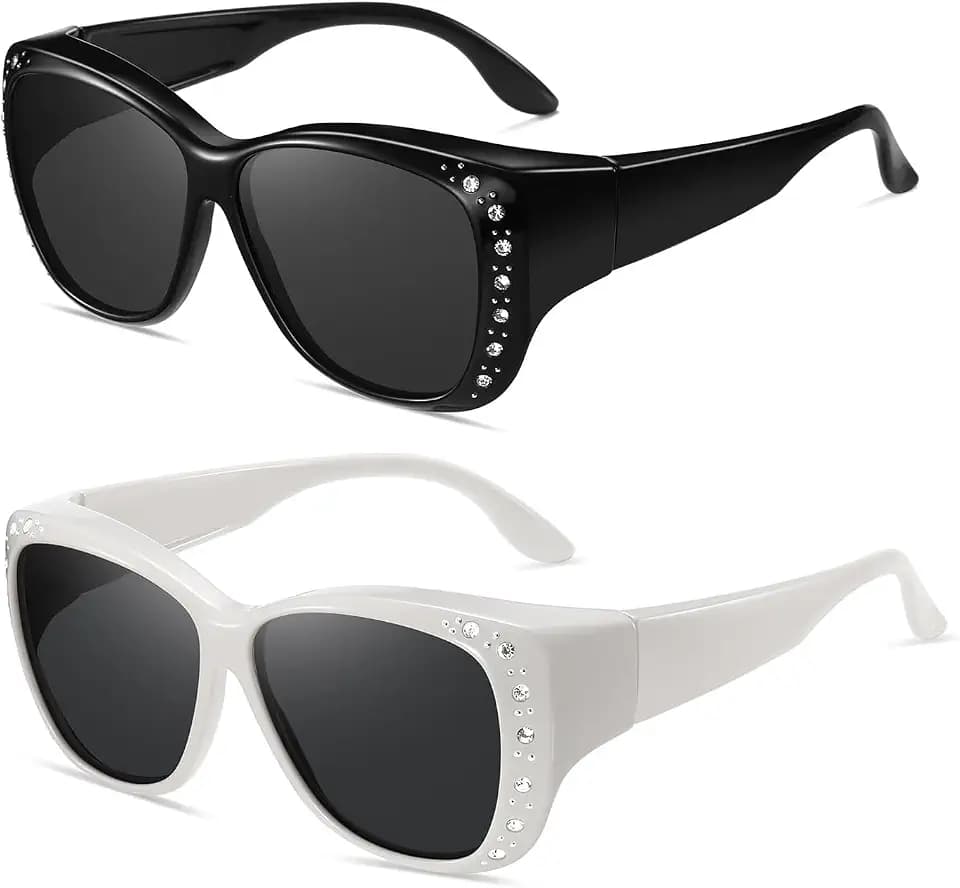 Wzerry Sunglasses Fit Over Glasses for Women, Polarized Over Glasses UV 400 Protection Retro Frame with Rhinestone