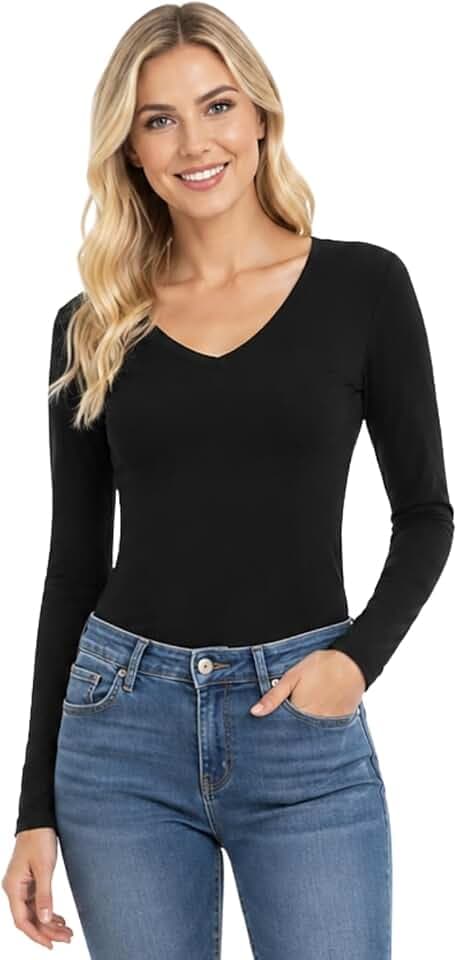 STAR FASHION Damen Langarm V-Ausschnitt Basic Top Jersey Uni Stretchy Slim Fit Freizeitkleidung T-Shirt T Tops De Größe 34-52