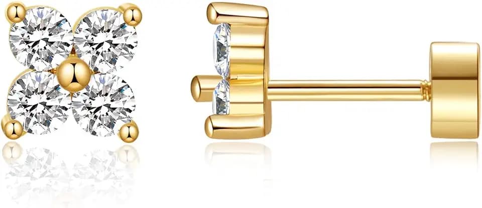 Flat Back Earrings for Women Trendy 14K Gold Plated CZ Studs Dainty Small Flatback Stud Earrings, Hypoallergenic Cartilage Tragus Piercing Screw Back Earrings Gold Jewelry Christmas Gift for Her