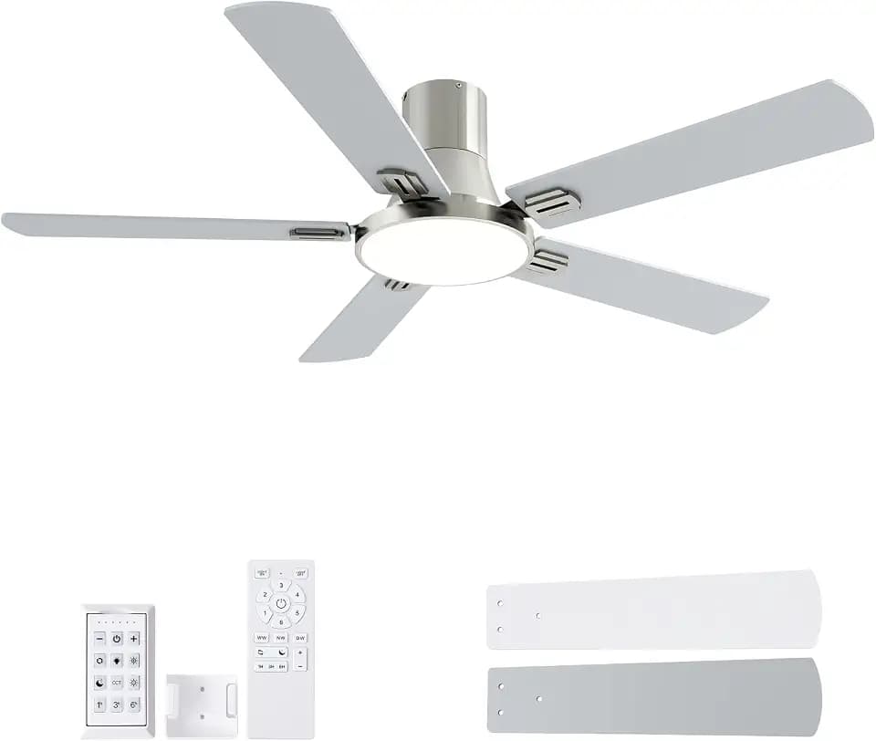 SNJ 52 Inch Brushed Nickel Ceiling Fans with Lights and Remote,Flush Mount Low Profile 5 Blades Ceiling Fan,Dimmable Quiet Reversible DC Motor for,Living Room,Bedroom and Patio