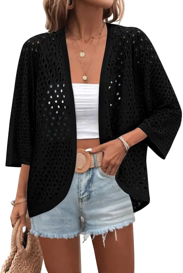 Zeagoo Womens Summer Crochet Cardigan Sweaters 3/4 Sleeve Batwing Kimono