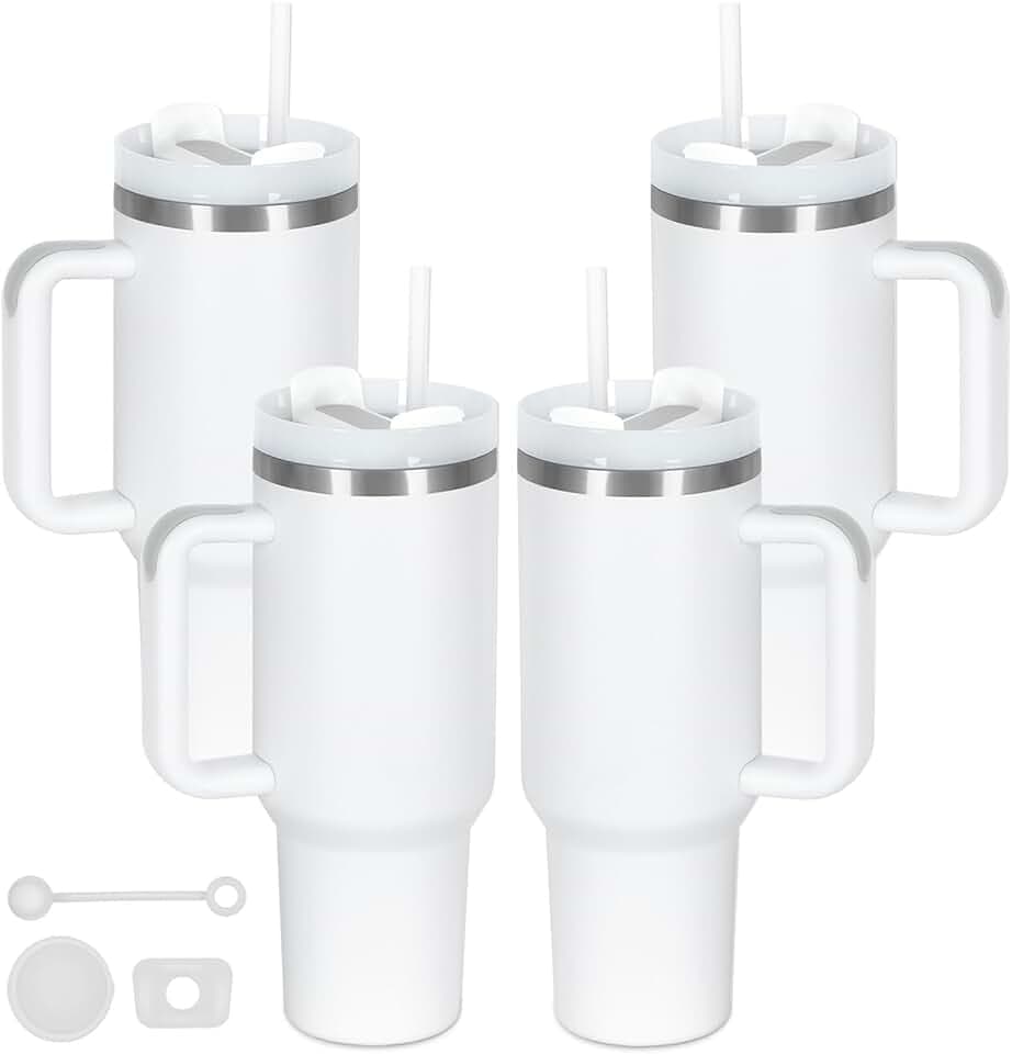 4 Pack 40 Oz Tumbler with Handle Bulk, Double Wall Vacuum Insulated Stainless Steel Tumbler with Lid and Straw, 40 oz cup with Silicone Spill Proof Stopper Set (White)