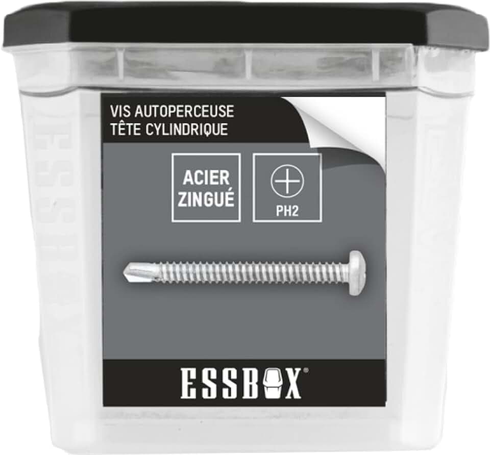 ESBOX SCELL-IT selbstbohrende Schrauben – verzinkt weiß – Zylinderkopf – PH – Ø 3,5 mm x 10 mm – Box mit 1000 – EX-94702135010, Sechskant-Plotter, abnehmbarer Deckel, stapelbare Boxen