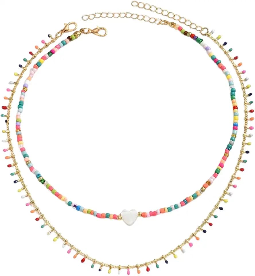 Boho Necklaces For Women Beaded Necklace Heart Pendant Multi Layer Tassel Colorful Dopamine Summer Beach Jewelry Set