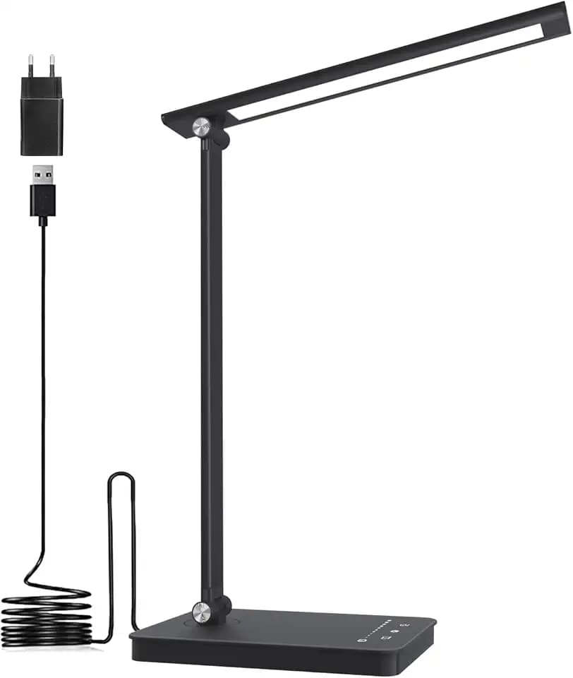 Shuwomart Schreibtischlampe LED Dimmbar Tischlampe 5 Farben und 10 Helligkeitsstufen,Schreibtischleuchte Augenschutz mit 45-Minuten Timer,USB-Anschluss,Speicherfunktion für Leser,Kinder,Büro,Schwarz