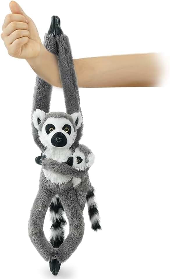 2pcs Lemur Hanging Stuffed Animal Mother with Baby Hangs Plush Toys, Hooks and Stuffed Animals with Rings for Kids, Gifts for Boys and Girls