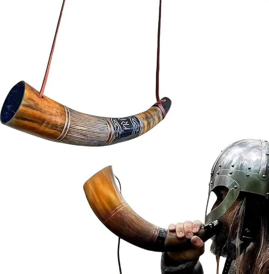 Viking War Blowing Horn 14 Inch | Authentic Ox Horn Battle Trumpet with Leather Strap | Norse Medieval Style | Home Decor Accessories | Easy and Clear Sound| Viking Chirstmas for Men
