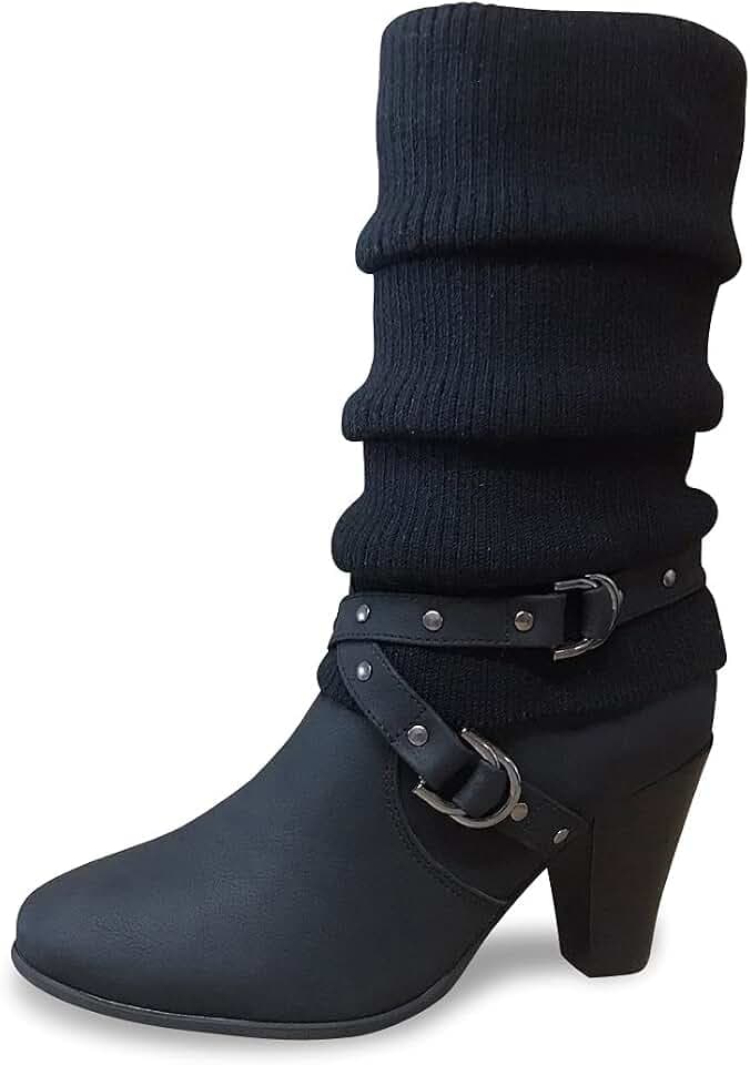 Queentina Damen Stiefel Strick Stiefeletten mit Absatz - Boots Strickschaft High Heels Reißverschluss - Outdoor Schuhe Winter - ST62 Schwarz Größe 39