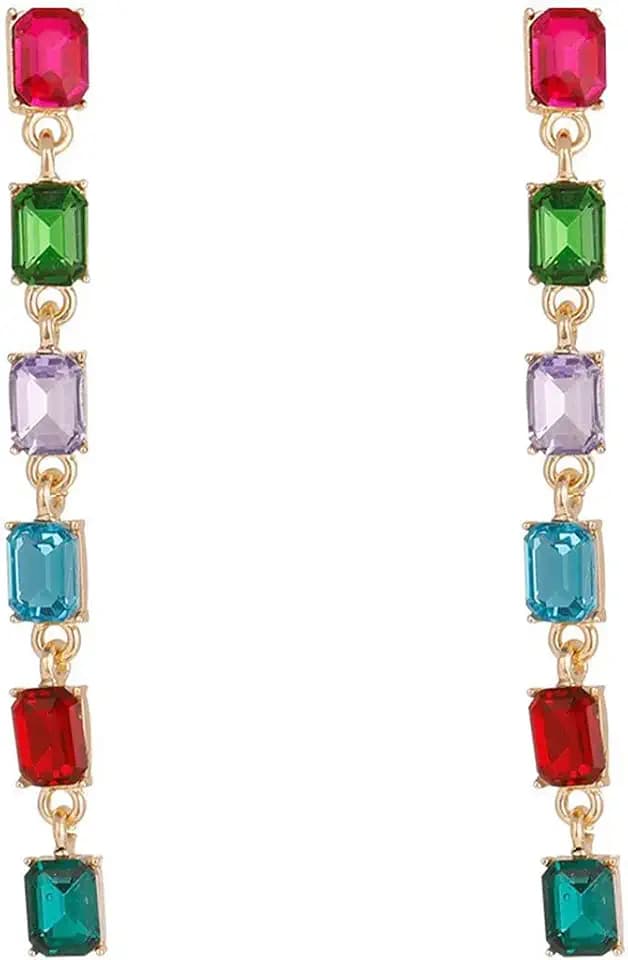 Colorful Crystal Dangle Drop Earrings for Women,Gold Multicolor Long Linear Square Rhinestone Chandelier Earrings,Iridescence CZ Ear Jewelry for Prom