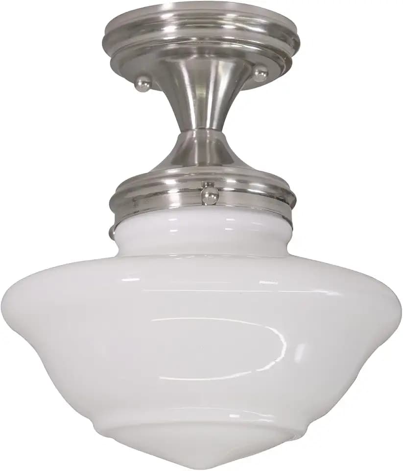 Design House Vintage-Inspired Schoolhouse Semi-Flush Mount Ceiling Light, 9 in x 9 in x 10 in, Satin Nickel, White Glass Shade, 577494