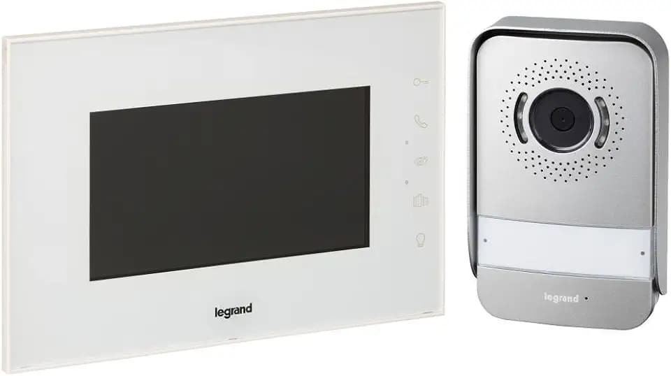 LEGRAND, Video-Türsprechanlage mit 2-Draht-Anschluss, 7-Zoll-Hochglanz-Farbmonitor & Weitwinkelkamera, 2 Türöffner für Tür und Gartentor/Garage, 1-/2-Familienhaus-Set, IK07, IP54, Farbe: Weiß, 369230