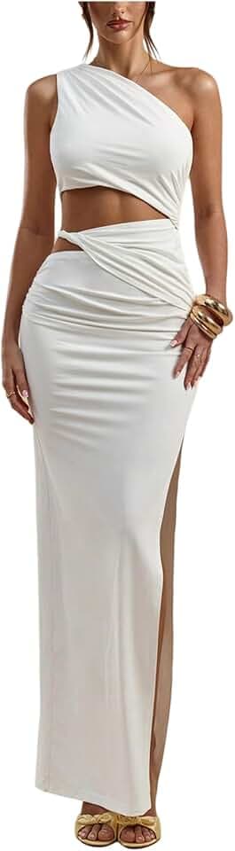 Floerns Women's One Shoulder Cutout Bodycon Slit Maxi Wedding Guest Dress