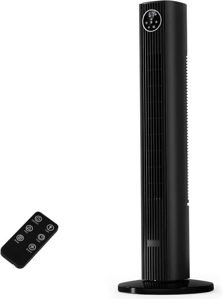Antarctic Star Tower Fan for Bedroom 25ft/s Standing Fan 85° Oscillating Fan with Remote, 3 Speeds, 4 Modes, 12H Timer, Portable Bladeless Floor Fan for Indoors/Home/Office, BLACK