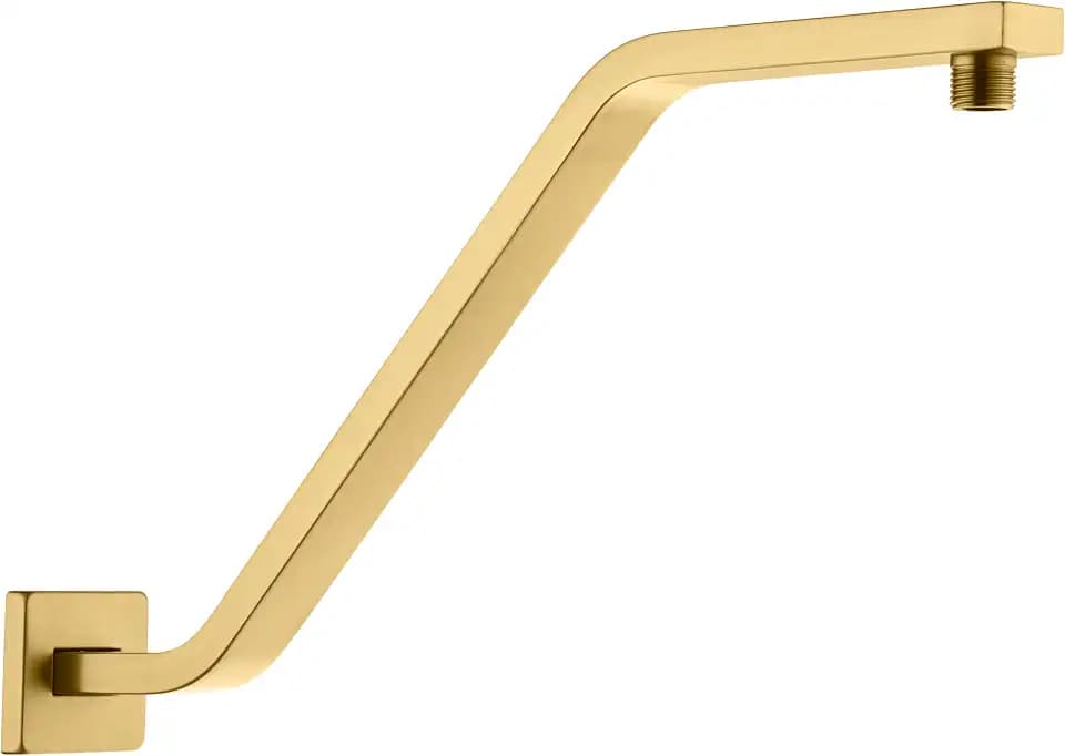 Square Shower Head Extension Arm with Flange, 16.5 Inch Z/S Shaped High Rise Shower Pipe Extender Wall-Mounted for Fixed Bathroom, Shower Head Goose Neck Arm - Extra Long Thread, Brushed Gold