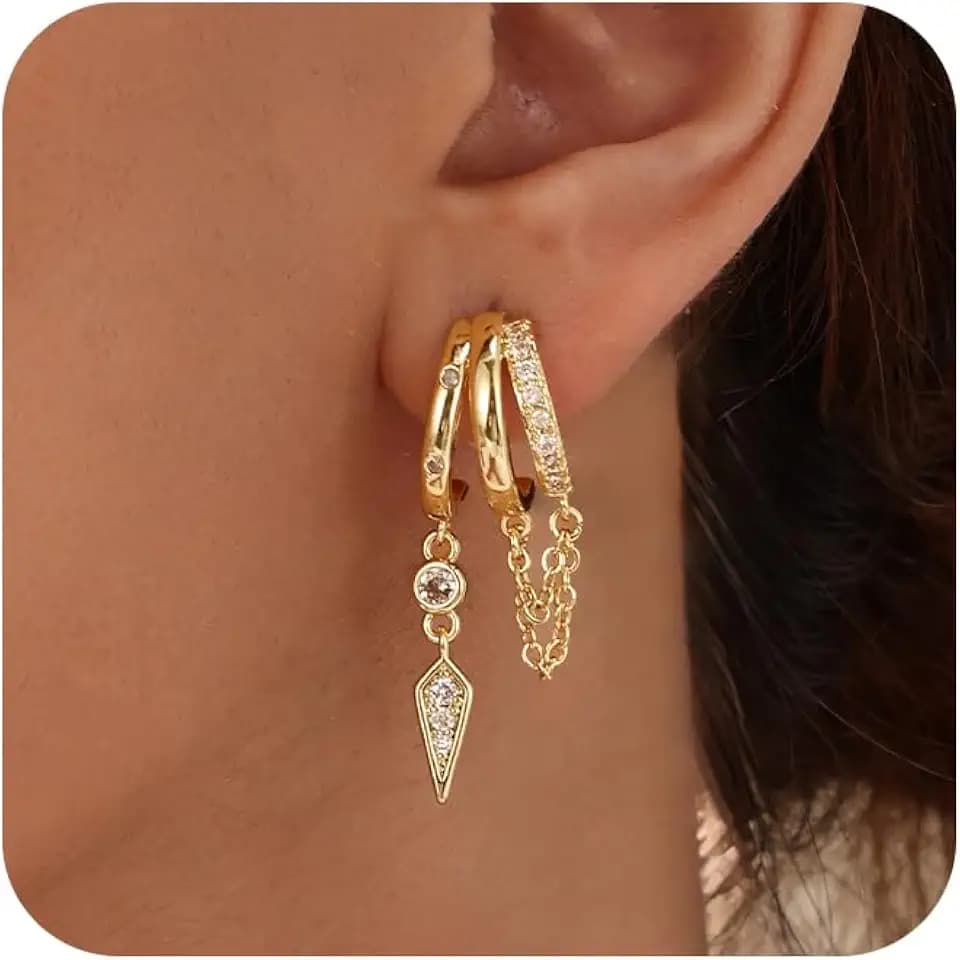 Robaice Dangle Earrings for Women, 14K Gold Plated Triple Stud Earrings