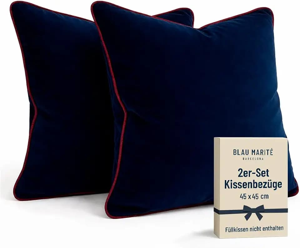 Kissenbezüge 45x45 cm – 2er Set aus weichem Samt – Dekokissen mit kontrastierendem Rand – Dunkelblau & Bordeaux – Ohne Füllung