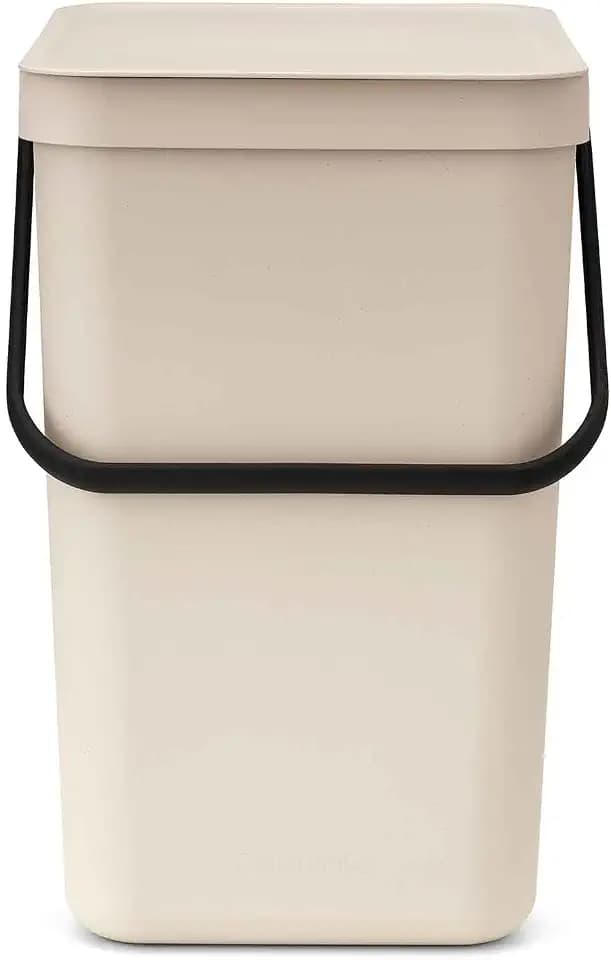 Brabantia Sort & Go Recycle Bin 6.6 Gallon/25L (Soft Beige), Space-Efficient Recycle Container with Handle, Kitchen Garbage Can with Removable, Stay-Open Lid, Easy-to-Clean Trash Can for Kitchen