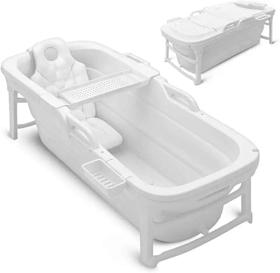 SereneLife Faltbare Badewanne Erwachsene 150 cm – Mobile Klappbare Badewanne für Dusche mit Deckel und Ablaufschlauch für Indoor und Outdoor, Weiß