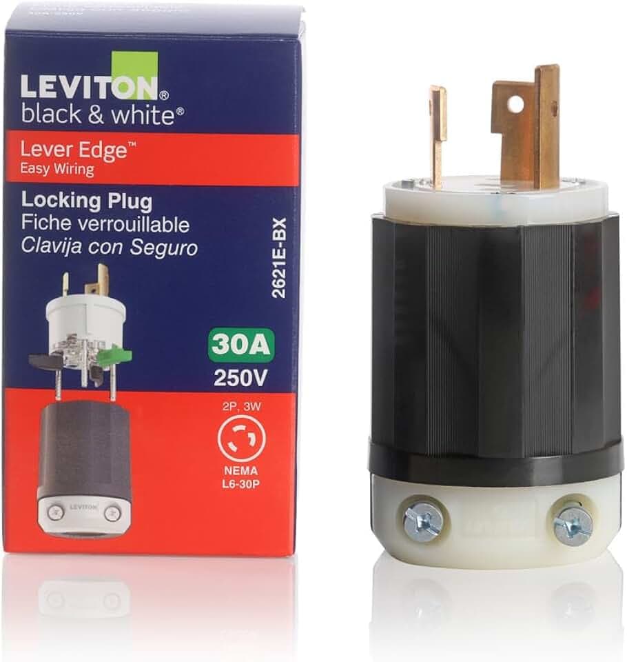 Leviton Lever Edge 30 Amp 250 Volt Locking Plug, NEMA L6-30P, 2P, 3W, Industrial Grade, 2621E, Black & White