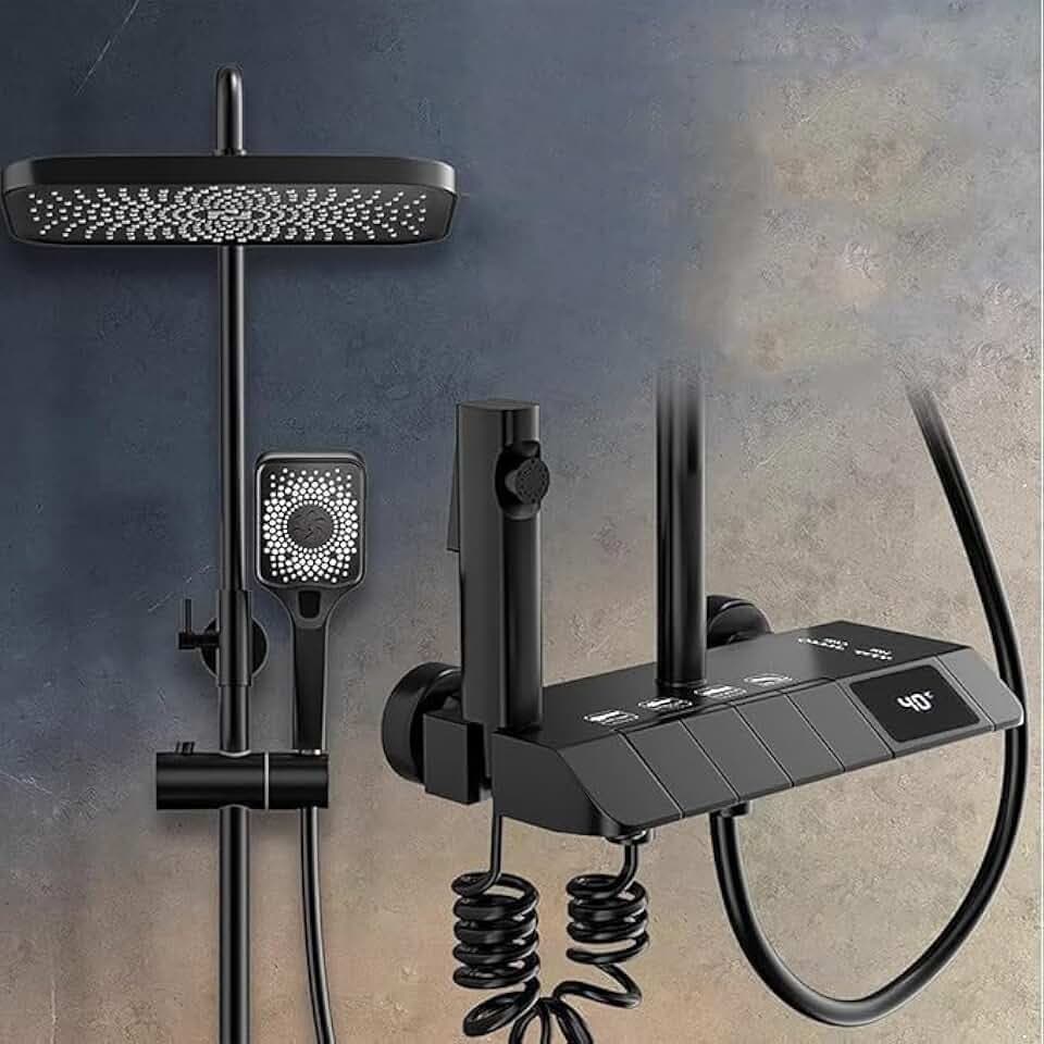 Duschsystem mit Thermostat - Duschset mit Regendusche Duscharmatur Duschkopf Duschstange und Bidet Handbrause, Duscharmatur Komplettset mit Real-time Digital Display丨Schwarz