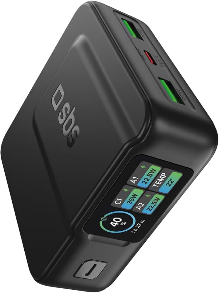 SBS Pulse Power HD 35W, 10000mAh, Power Delivery (PD 3.0 PPS), AFC, Powerbank mit Schnellladen, Hochdichte, LCD-KI-Display, USB-C, USB-A, tragbares Reiseladegerät, kompakt, Schwarz