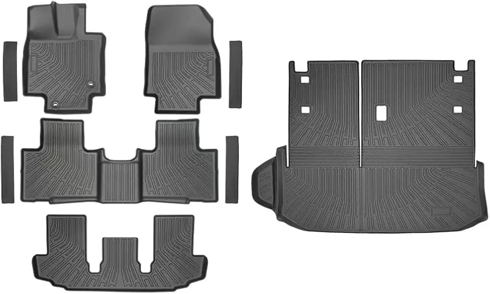 9-Piece Floor Mats & Door Sill Guards for 2020-2026 Toyota Highlander 7-Seater (Not for Grand Highlander), All-Weather TPE 1st-3rd Row Liners, Integrated Cargo & Backrest Mat, Black