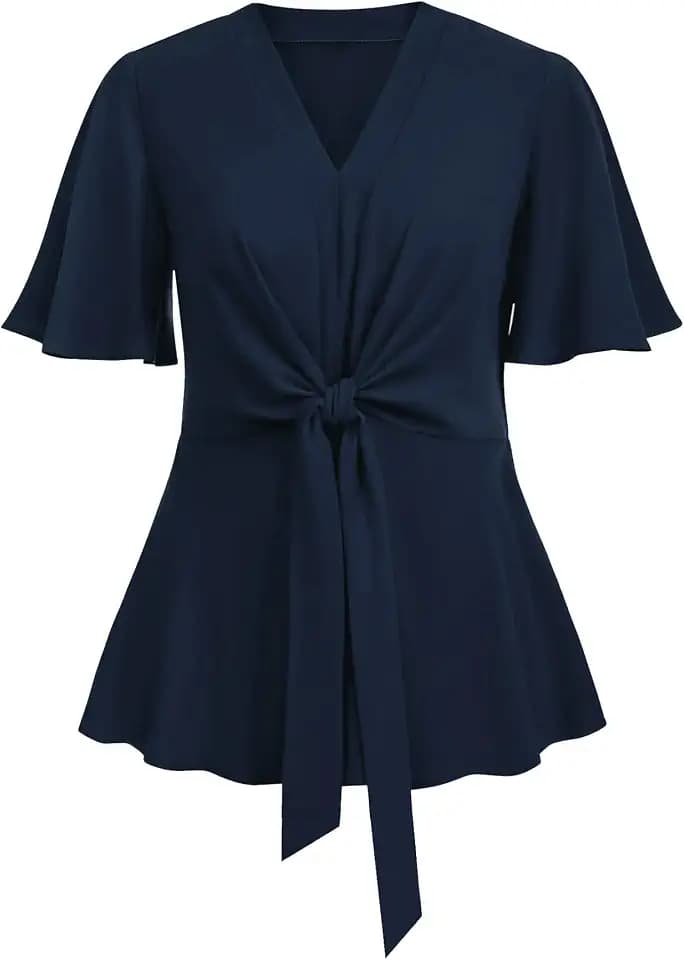 SCOMCHIC 2024 Women's Plus Size Peplum Tops Elegant V Neck Tie Front Bell Sleeve Flowy Blouses Shirts