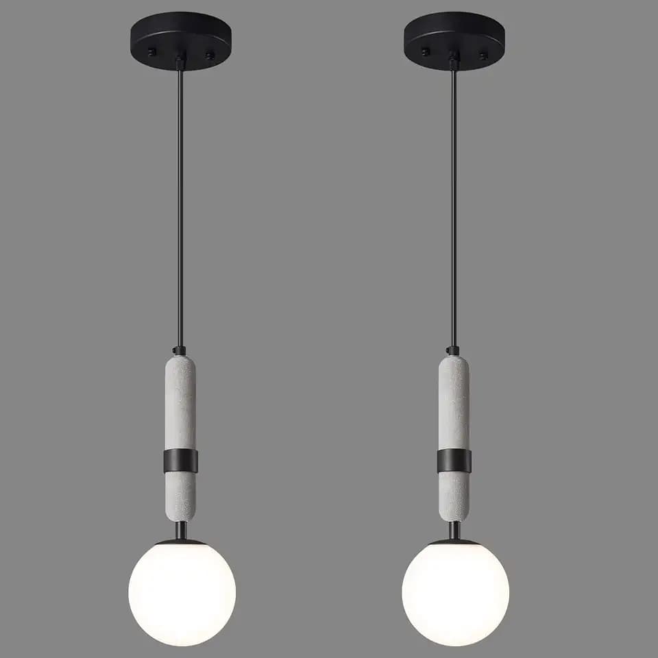 Modern Black Concrete Globe Pendant Light Mid Century Chandelier 1-Light Ceiling Hanging Lighting Fixture with White Globe Glass Lampshade for Kitchen Island Dining Room Bedroom (2-Pack)