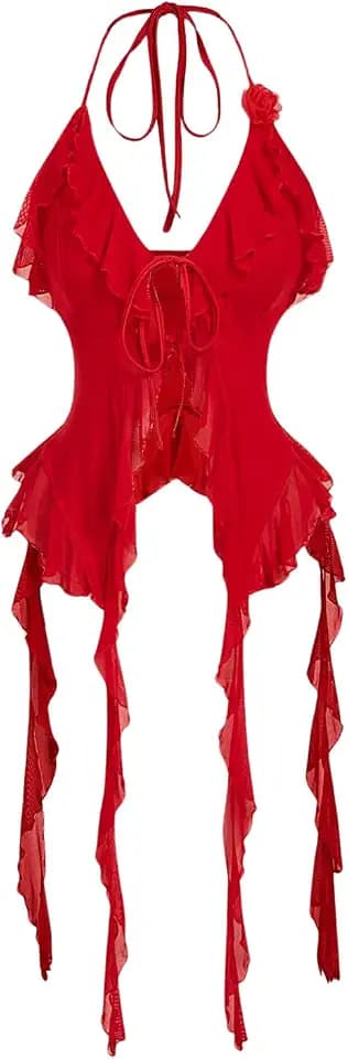 WDIRARA Women's 3D Flower Tie Front Ruffle Halter Top Tie Backless Camisole