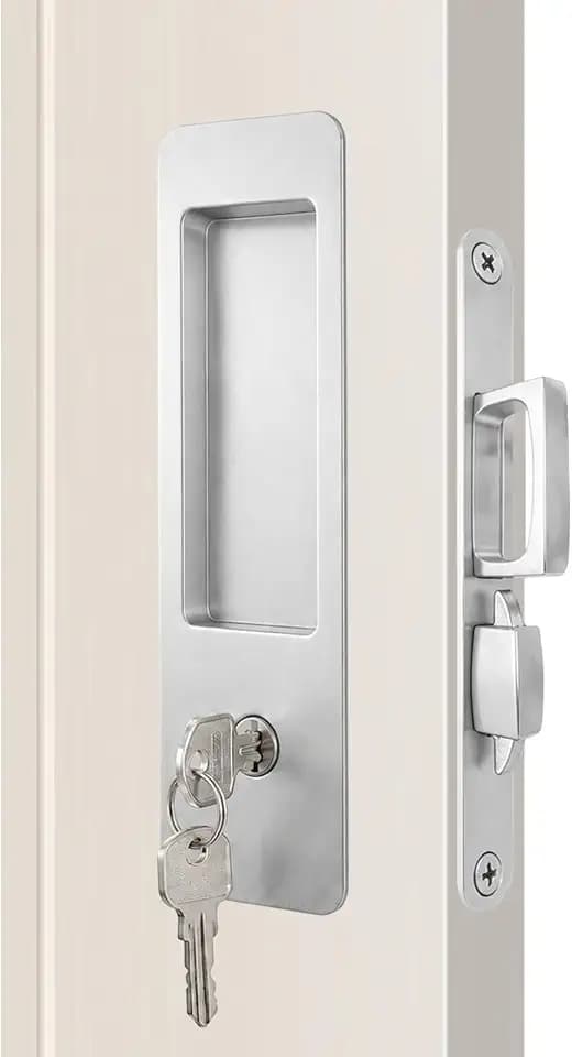 Pocket Door Lock Hardware Modern Rectangular Finger Flush Pull with Edge Pull, Privacy Sliding Door Handle for Pocket Doors, Sliding Doors, Folding Doors,Barn Doors (Brushed Nickel, With keys)