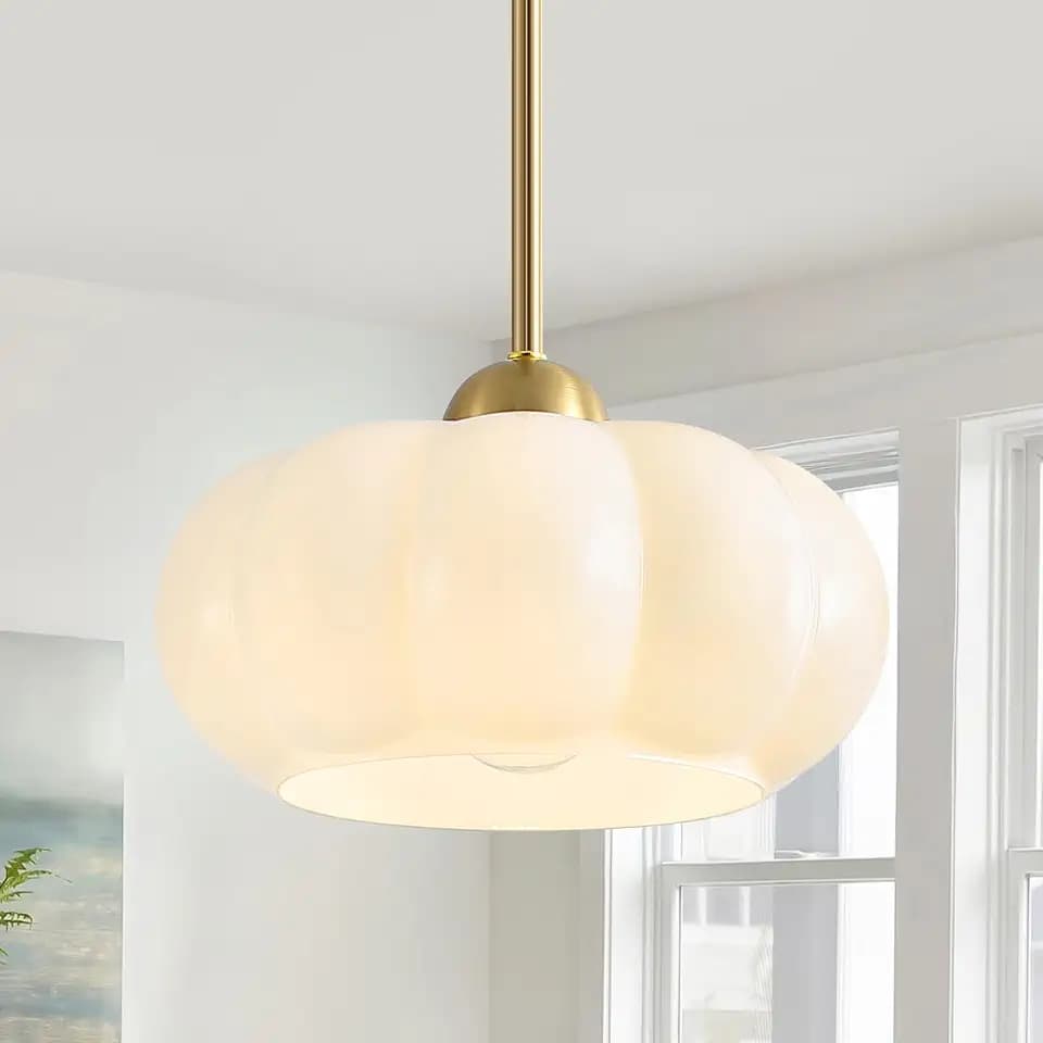 White Milk Glass Pendant Light Chandelier, 9.8" Hanging Mid Century Modern Ceiling Light Fixture, Adjustable Gold Vintage Chandelier for Dining Room Bedroom Hallway Foyer