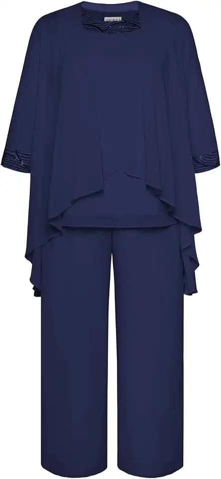 Hanna Nikole Damen Große Größen Chiffon Abendanzug Sets Cocktail Party Festlich Elegant 3-Teiliges Set Rundhals 3/4 Ärmel Und Hohe Taille Hosenanzug