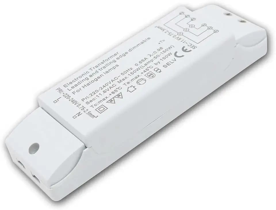 Transmedia ET-150 Halogen-Trafo 230/12V/50-150W, Überlastungsschutz, Temperatursicherung, nicht dimmbar, 160 x 46 x 30 mm, weiß