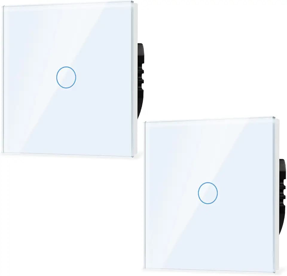 TAWOIA Normaler Lichtschalter, Wandlichtschalter, Standard 110 V-240 V, 86 x 86 mm Gehärtete Kristallplatte mit LED Hintergrundbeleuchtung 1 Fach 2 Weg Touch Lichtschalter,1000W,Weiß 2er-Pack