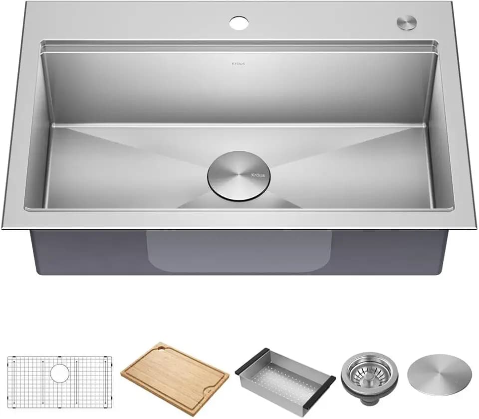 KRAUS Kore 32-Inch Drop In/Undermount Workstation 18 Gauge Single Bowl Stainless Steel Kitchen Sink with Accessories, KWT300-32
