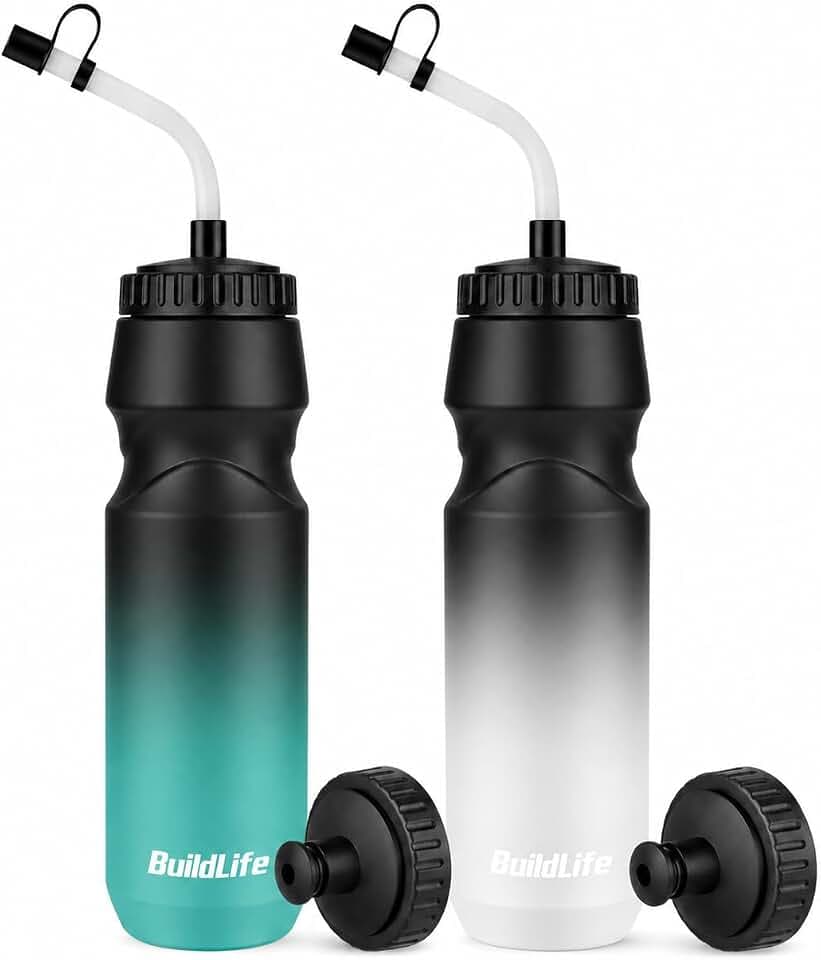 BuildLife Hockey Water Bottle, 32 OZ, 2 Pack, Black Blue+Black White