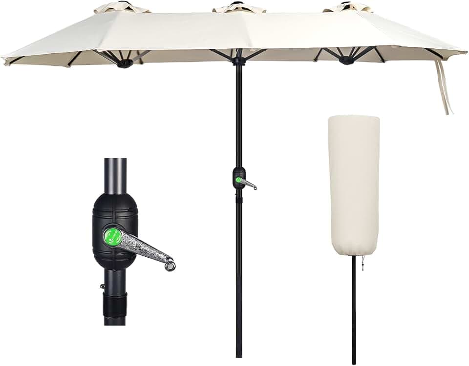 VOUNOT Doppelsonnenschirm mit Handkurbel, Sonnenschirm Marktschirm Gartenschirm Terrassenschirm, Sonnenschutz, 150 x 300 cm, Beige