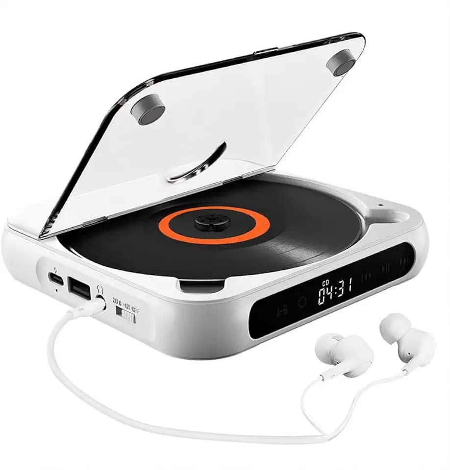 Portable CD Player with Bluetooth 5.3 Transmitter, 2000mAh Rechargeable, Built-in HiFi Dual Speakers, Supports CD/USB/AUX, LCD Display, Headphones Included for Home/Car (White)