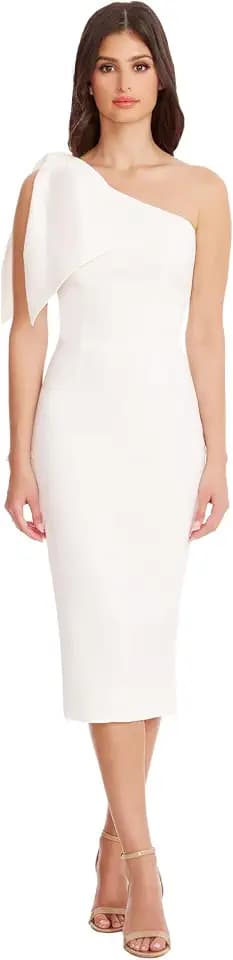 Dress the Population Womens Tiffany One Shoulder Bow Detail Midi Sheath Dress