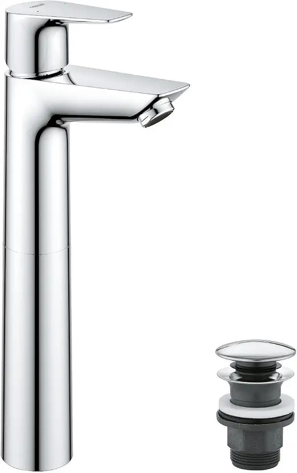 GROHE StartEdge, Waschtischarmatur hoch, wassersparend (Wasserhahn für das Bad, Badarmatur mit Pop-Up Ablauf, 30cm hoch, mit 3in1 Werkzeug, einfache Installation am Waschbecken), chrom, 23777001